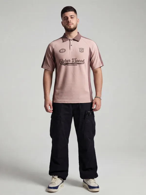 Highlander Men Peach Transformers Printed Polo Collar T-Shirt