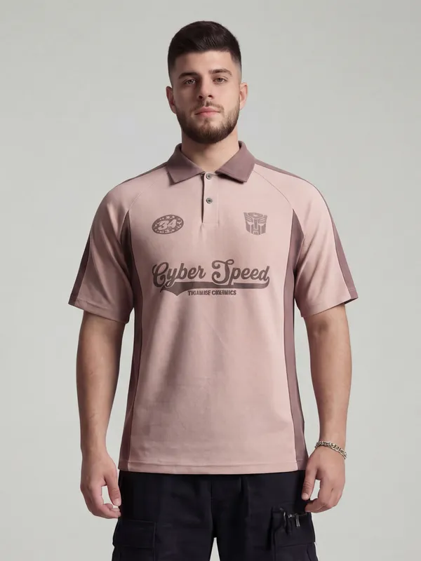 Highlander Men Peach Transformers Printed Polo Collar T-Shirt