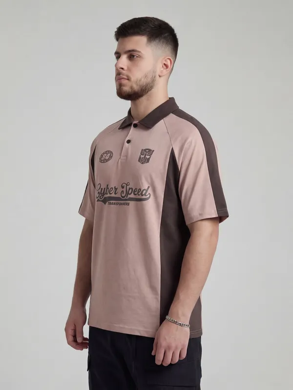 Highlander Men Peach Transformers Printed Polo Collar T-Shirt