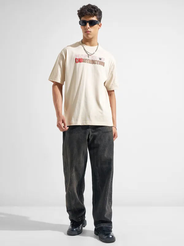 Highlander Men Beige Printed Round Neck T-Shirt