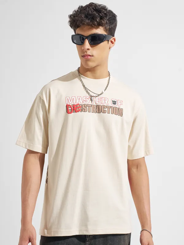 Highlander Men Beige Printed Round Neck T-Shirt