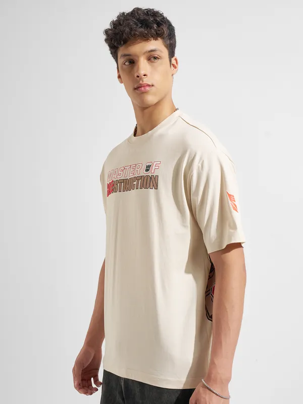 Highlander Men Beige Printed Round Neck T-Shirt