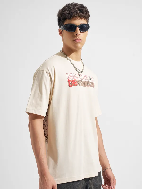 Highlander Men Beige Printed Round Neck T-Shirt