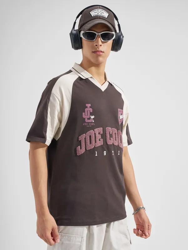 Highlander Men Brown Snoopy Printed Polo Collar T-Shirt