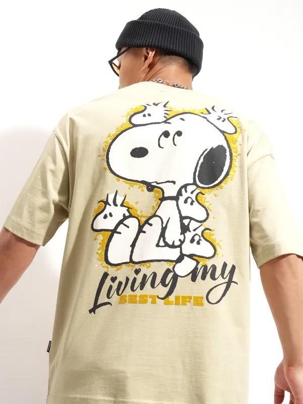 Highlander Men Beige Peanuts Printed Round Neck Oversized Fit T-Shirt