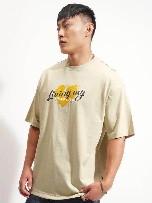 Highlander Men Beige Peanuts Printed Round Neck Oversized Fit T-Shirt