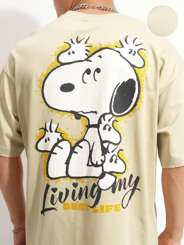 Highlander Men Beige Peanuts Printed Round Neck Oversized Fit T-Shirt
