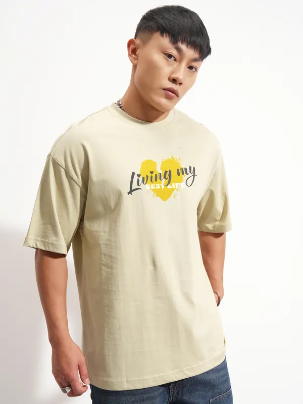 Highlander Men Beige Peanuts Printed Round Neck Oversized Fit T-Shirt