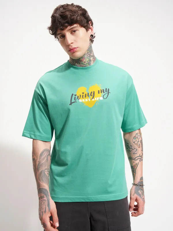 Highlander Men Green Peanuts Printed Round Neck Oversized Fit T-Shirt