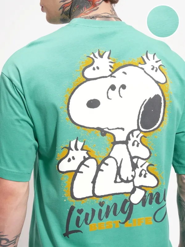 Highlander Men Green Peanuts Printed Round Neck Oversized Fit T-Shirt