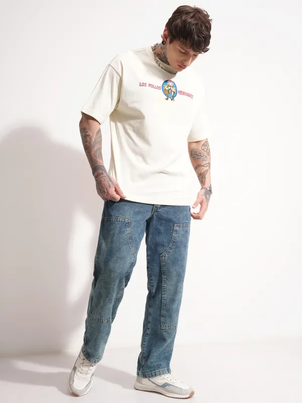 Highlander Men Beige Breaking Bad Printed Round Neck Oversized Fit T-Shirt