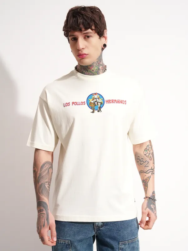 Highlander Men Beige Breaking Bad Printed Round Neck Oversized Fit T-Shirt