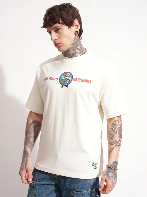 Highlander Men Beige Breaking Bad Printed Round Neck Oversized Fit T-Shirt
