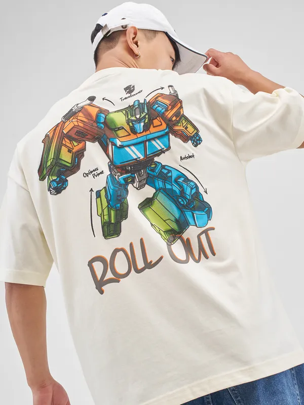 Highlander Men Off White Transformers Printed Round Neck Oversized Fit T-Shirt