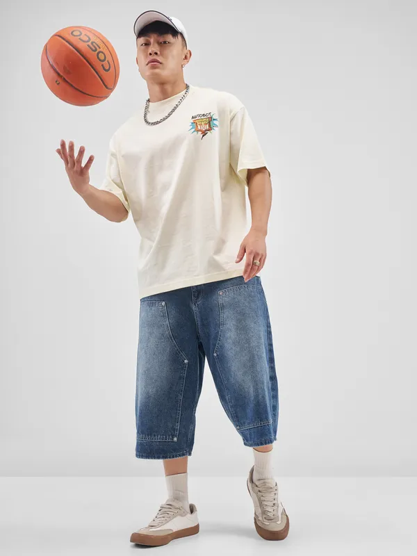 Highlander Men Off White Transformers Printed Round Neck Oversized Fit T-Shirt