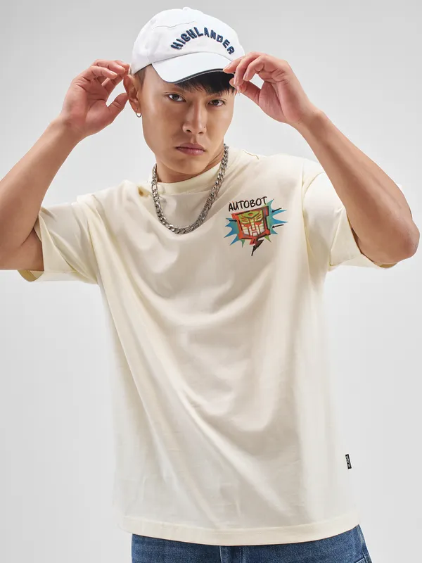 Highlander Men Off White Transformers Printed Round Neck Oversized Fit T-Shirt