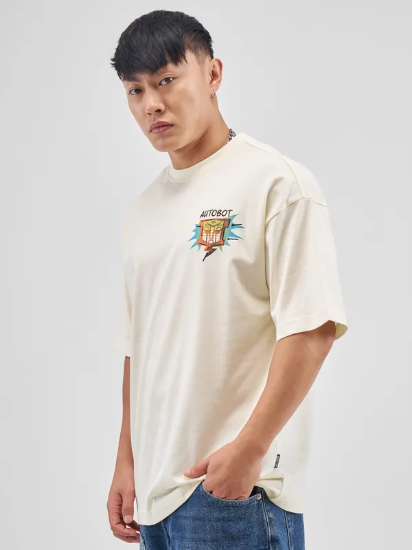 Highlander Men Off White Transformers Printed Round Neck Oversized Fit T-Shirt