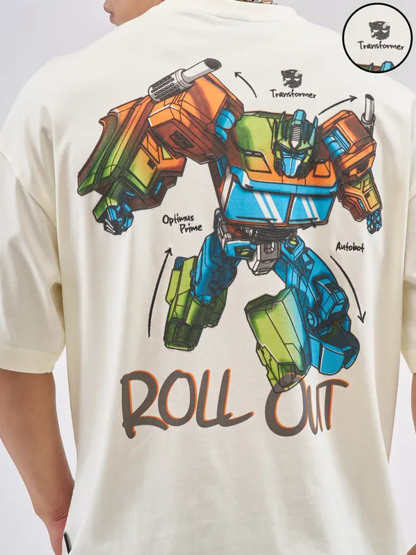 Highlander Men Off White Transformers Printed Round Neck Oversized Fit T-Shirt