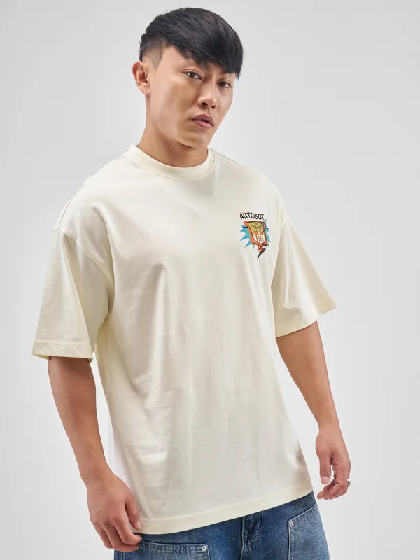 Highlander Men Off White Transformers Printed Round Neck Oversized Fit T-Shirt