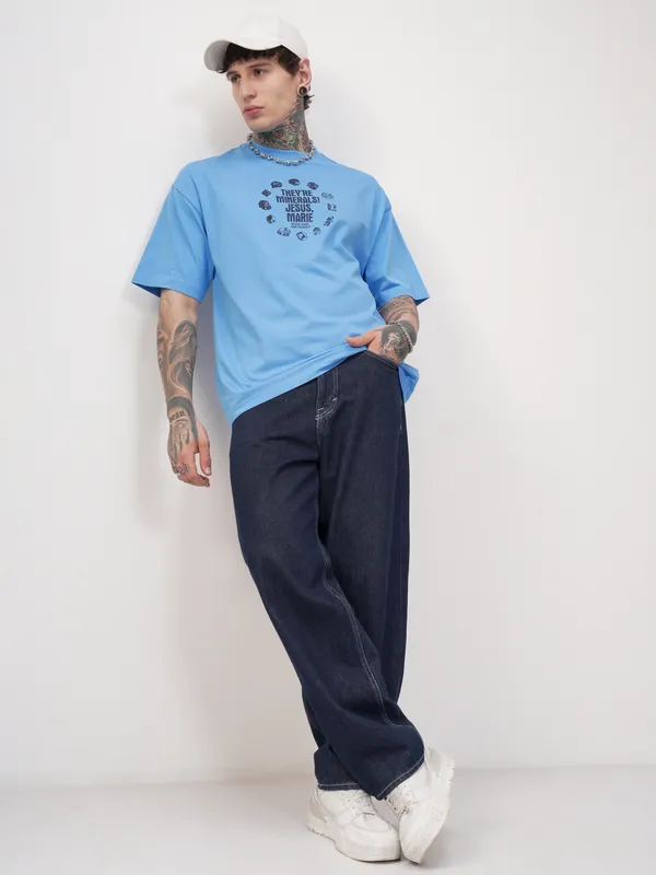 Highlander Men Blue Breaking Bad Printed Round Neck Oversized Fit T-Shirt