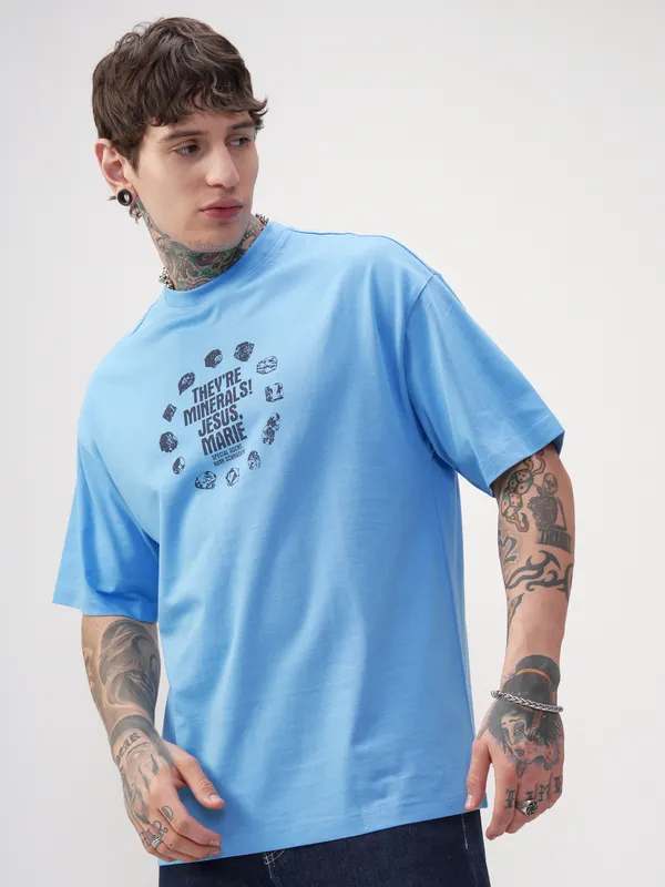 Highlander Men Blue Breaking Bad Printed Round Neck Oversized Fit T-Shirt