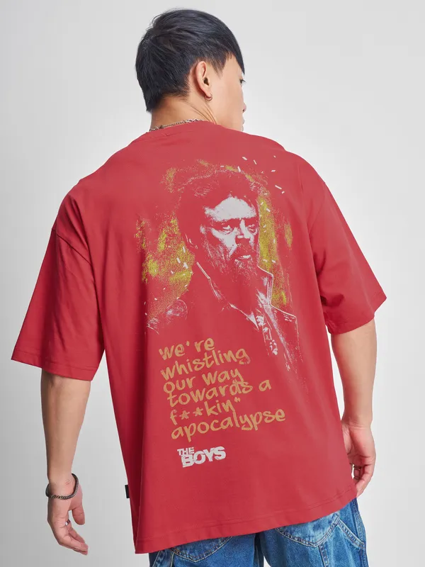 Highlander Men Red The Boys Printed Round Neck Oversized Fit T-Shirt