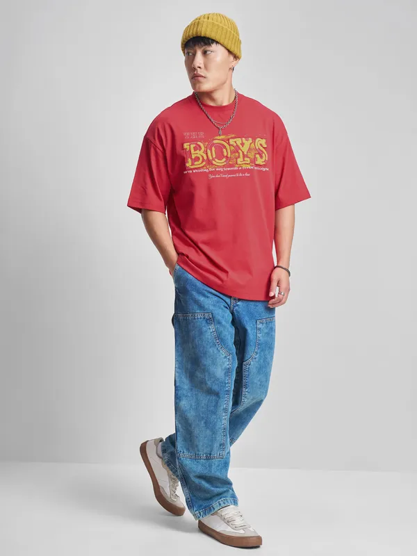 Highlander Men Red The Boys Printed Round Neck Oversized Fit T-Shirt