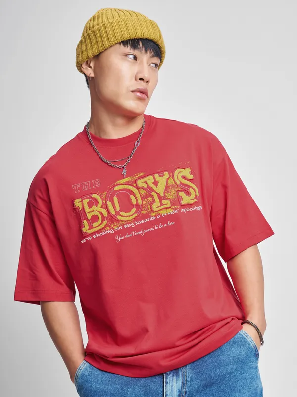 Highlander Men Red The Boys Printed Round Neck Oversized Fit T-Shirt