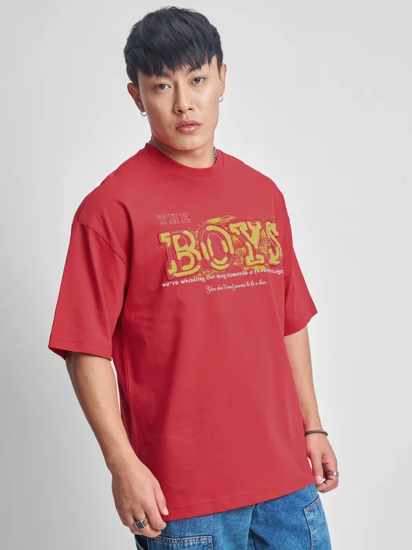 Highlander Men Red The Boys Printed Round Neck Oversized Fit T-Shirt