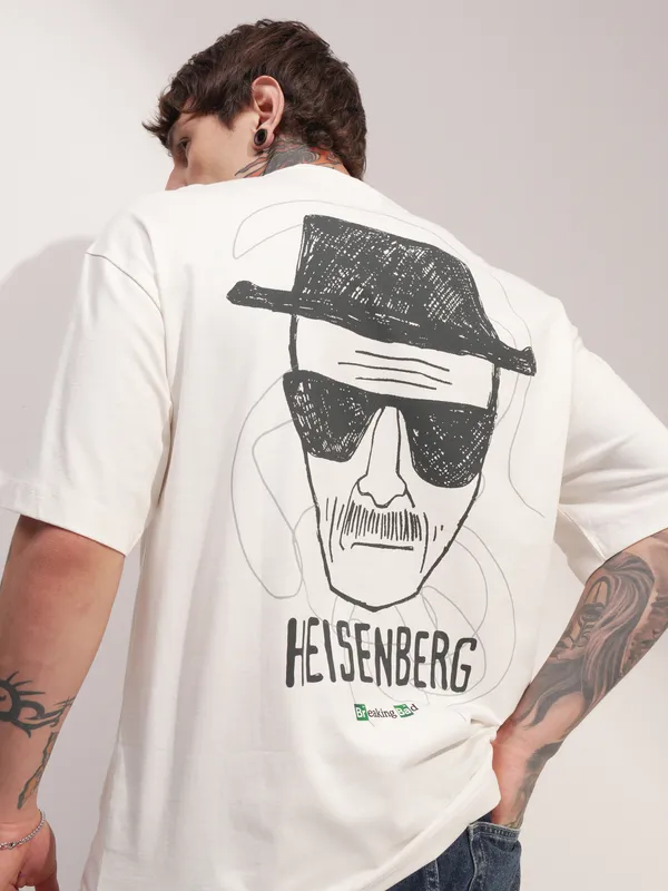 Highlander Men Off White Breaking Bad Printed Round Neck Oversized Fit T-Shirt