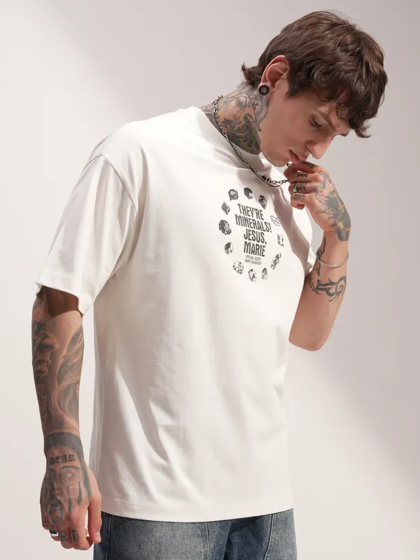 Highlander Men Off White Breaking Bad Printed Round Neck Oversized Fit T-Shirt