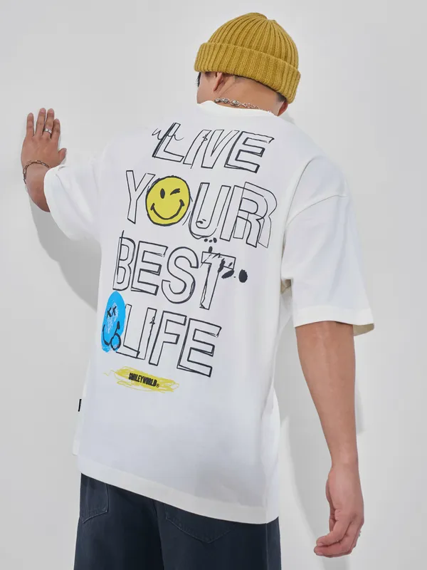 Highlander Men Off White Smiley Printed Round Neck Oversized Fit T-Shirt