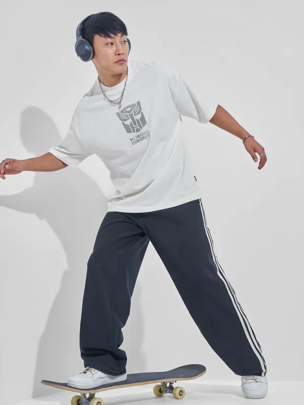 Highlander Men Off White Transformers Printed Round Neck Oversized Fit T-Shirt