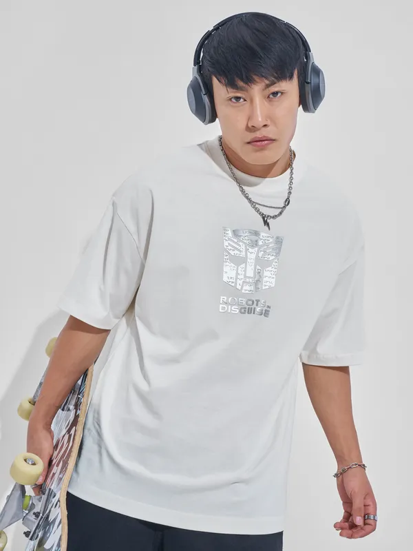 Highlander Men Off White Transformers Printed Round Neck Oversized Fit T-Shirt