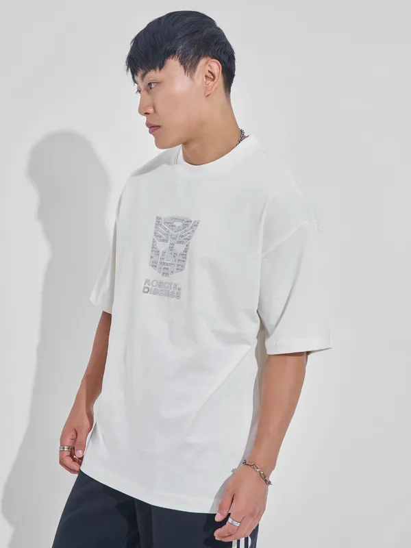Highlander Men Off White Transformers Printed Round Neck Oversized Fit T-Shirt
