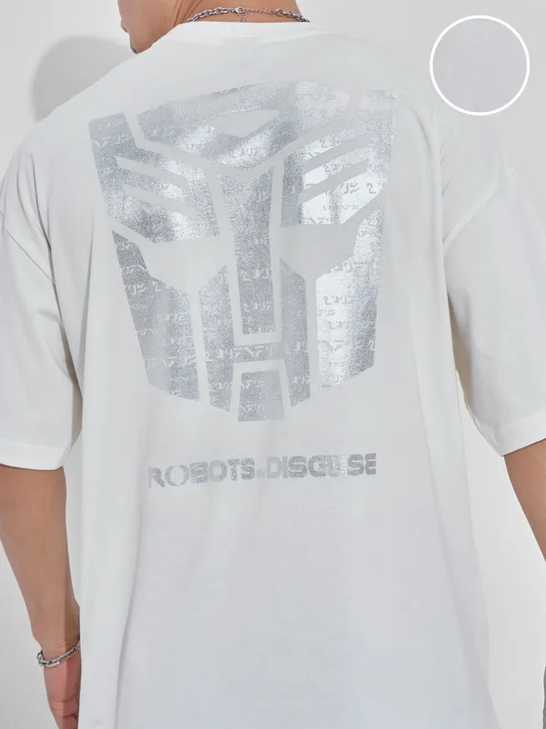 Highlander Men Off White Transformers Printed Round Neck Oversized Fit T-Shirt