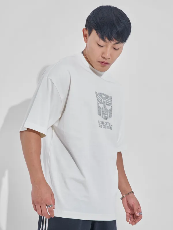 Highlander Men Off White Transformers Printed Round Neck Oversized Fit T-Shirt