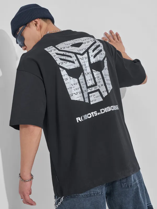 Highlander Men Black Transformers Printed Round Neck Oversized Fit T-Shirt