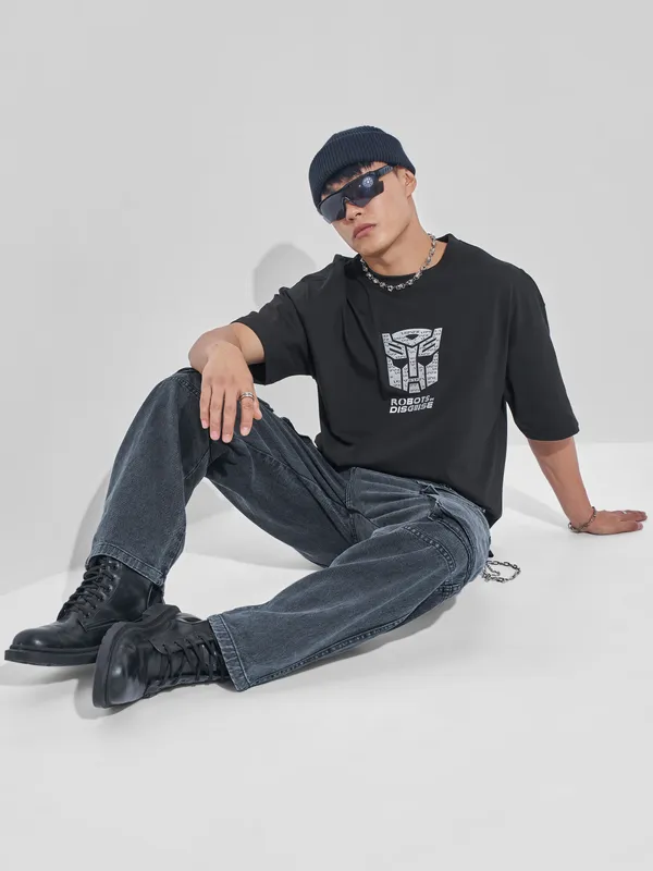 Highlander Men Black Transformers Printed Round Neck Oversized Fit T-Shirt