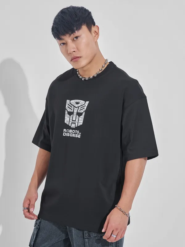 Highlander Men Black Transformers Printed Round Neck Oversized Fit T-Shirt