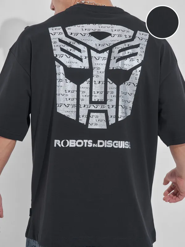 Highlander Men Black Transformers Printed Round Neck Oversized Fit T-Shirt