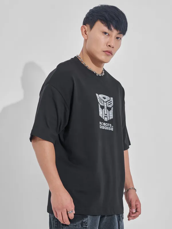 Highlander Men Black Transformers Printed Round Neck Oversized Fit T-Shirt