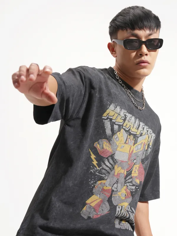 Highlander Men Black Transformers Printed Round Neck Oversized Fit T-Shirt
