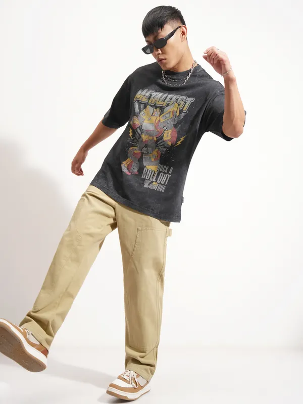 Highlander Men Black Transformers Printed Round Neck Oversized Fit T-Shirt