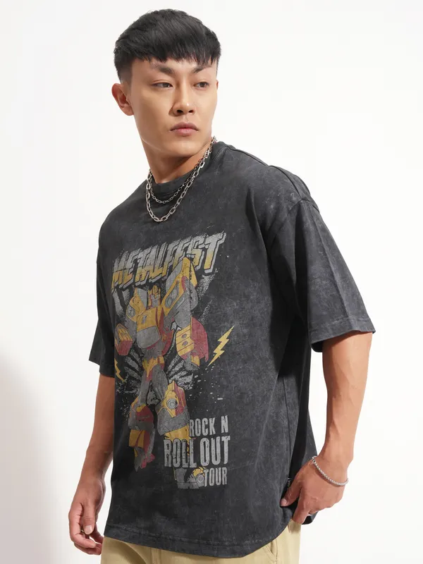Highlander Men Black Transformers Printed Round Neck Oversized Fit T-Shirt