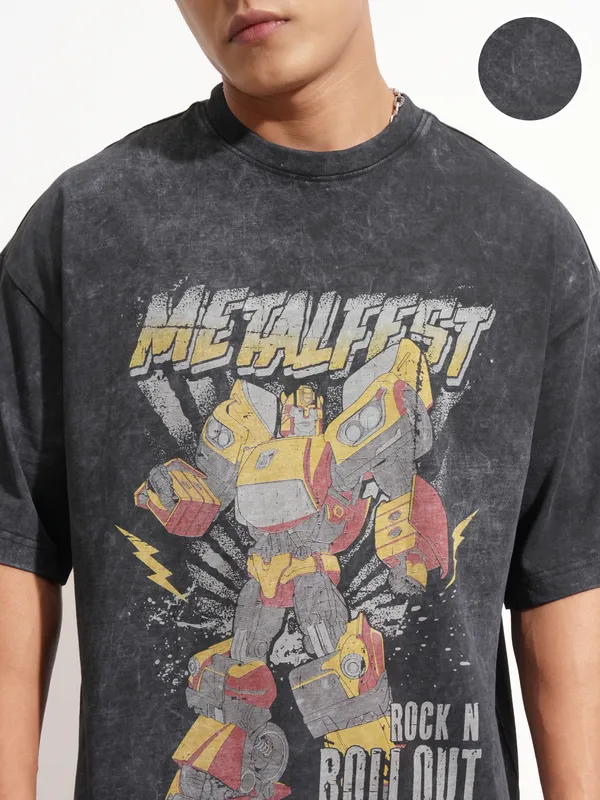 Highlander Men Black Transformers Printed Round Neck Oversized Fit T-Shirt