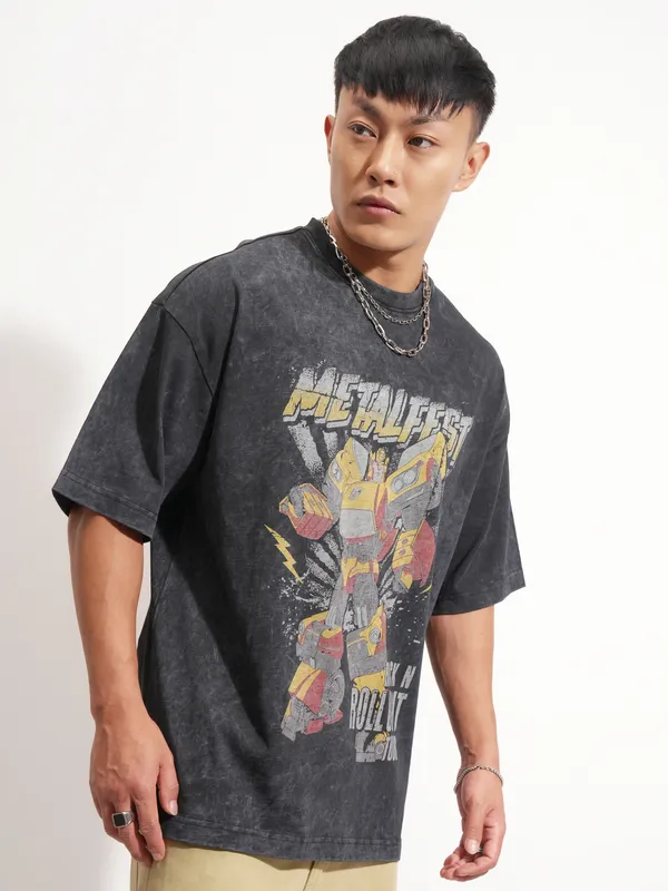Highlander Men Black Transformers Printed Round Neck Oversized Fit T-Shirt