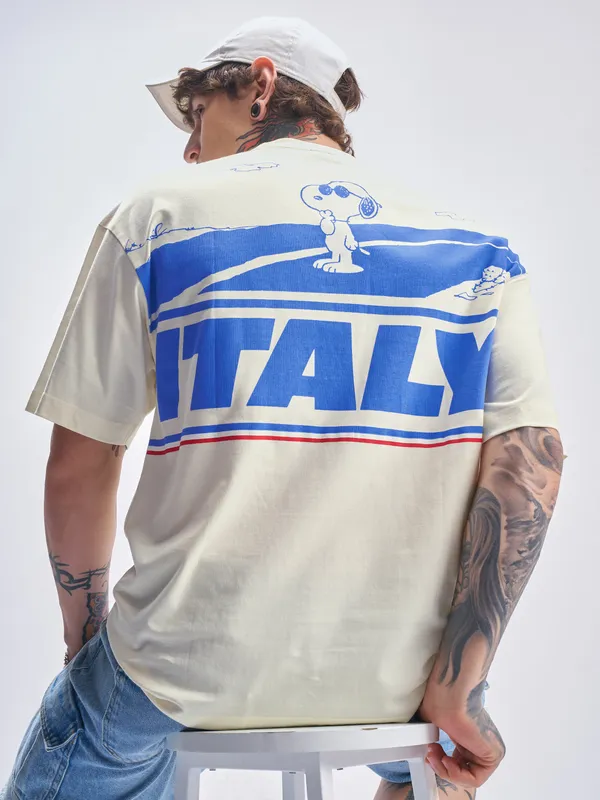 Highlander Men Beige Peanuts Printed Round Neck Oversized Fit T-Shirt