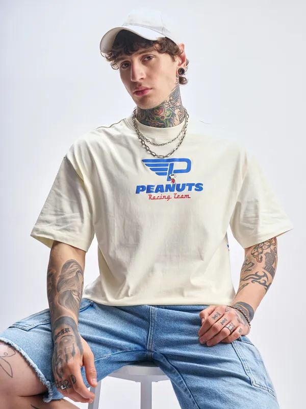Highlander Men Beige Peanuts Printed Round Neck Oversized Fit T-Shirt