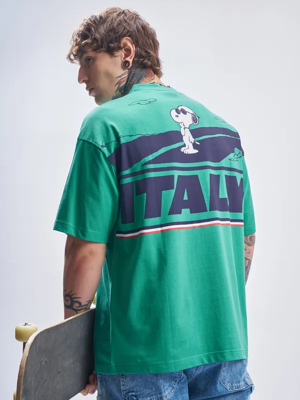 Highlander Men Turquoise Peanuts Printed Round Neck Oversized Fit T-Shirt